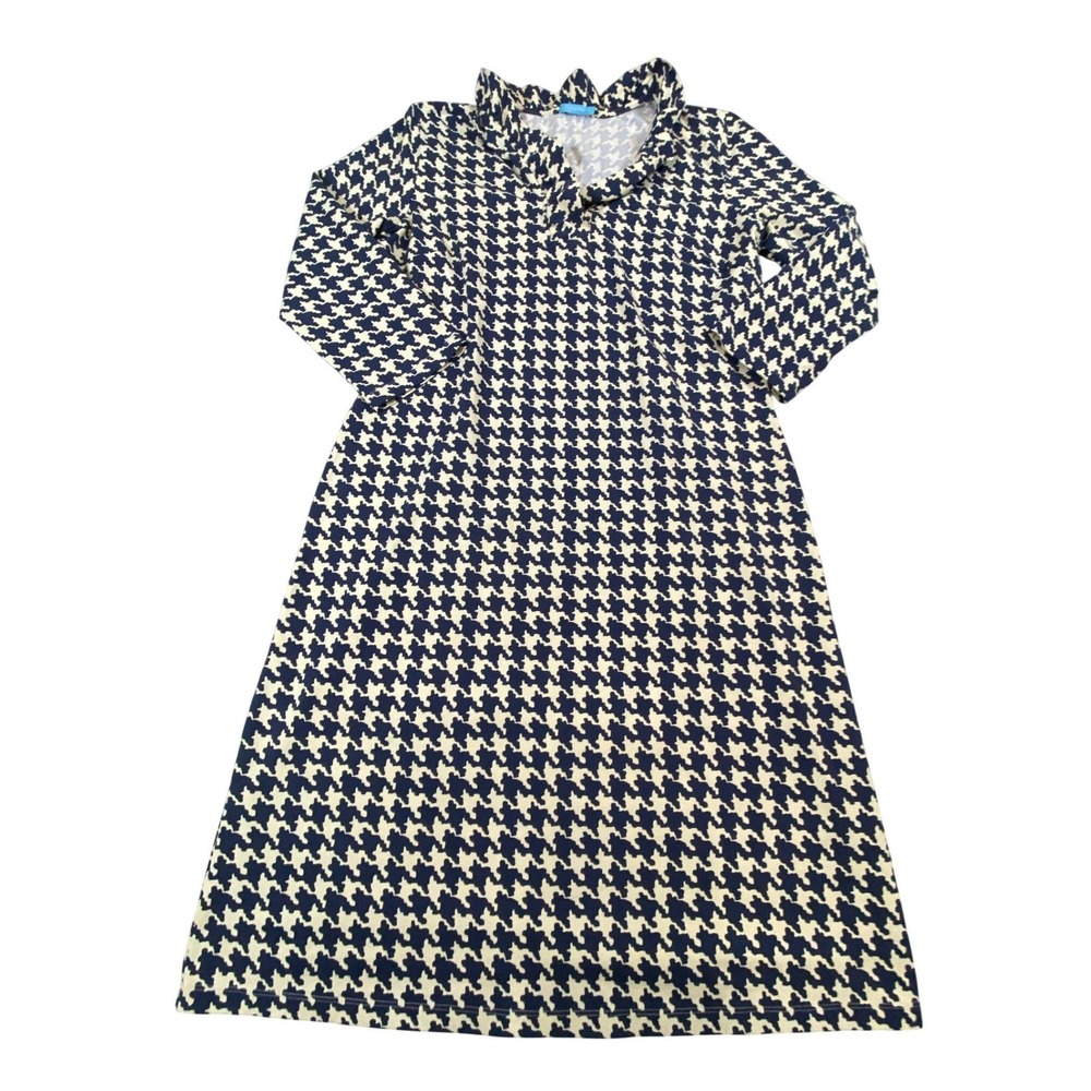 J.McLaughlin Navy‎ Houndstooth Catalina Cloth Ruffle Collar Dress Large - Picture 2 of 10